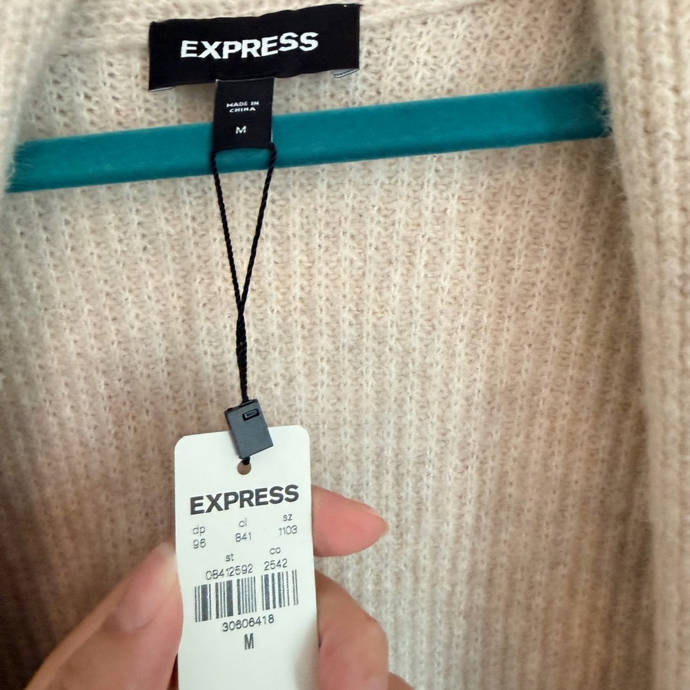 Express Open Front Ribbed Knit Cardigan Sweater | Oatmeal | Medium | NWT - Picture 2 of 4